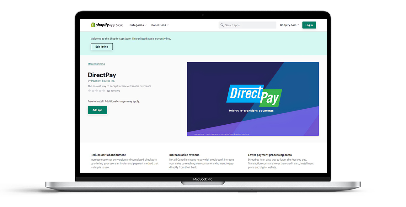 Shopify App Store image with Interac e-Transfer with DirectPay